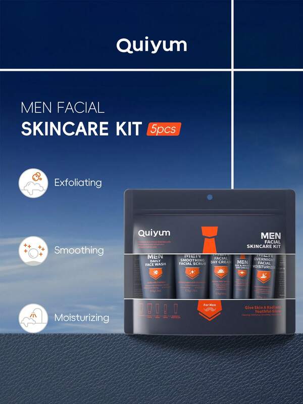 مجموعة QUIYUM لرعاية الوجه للرجال، مجموعة مكونة من 5 قطع (50 جرام كريم تقشير + 50 جرام منظف الوجه + 30 جرام كريم يومي + 20 جرام كريم للعين + 30 جرام كريم ليلي) تنظيف صحي، ترطيب، تفتيح، غير مهيج، تقليل المسام، تحسين العضلات، مكافحة الزيوت، مناسب لجميع أنواع البشرة، هدية لعيد الأب