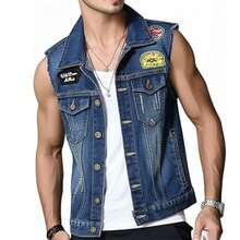 Icebanner Classic Men's Denim Vests Jacket Cowboy Punk Hip Hop Vest Wash Jean Waistcoat Embroidered Motorcycle Motorbike Riding Waistcoats - 黑色 - 查看 6