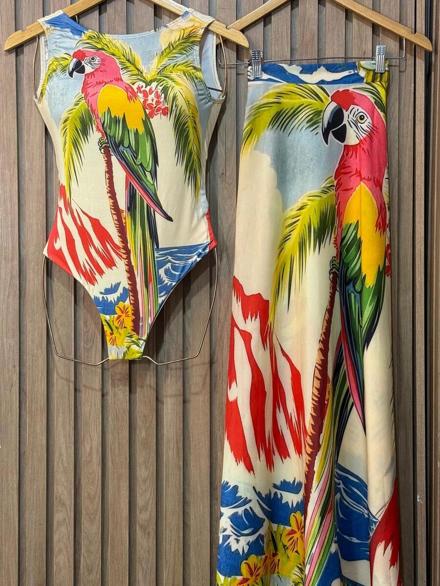 Bodysuit Swimsuit And Pareo Set Kit Premium Beach Cover-Up Bathing Suit Bodysuit - 金剛鸚鵡印花 - 查看 1