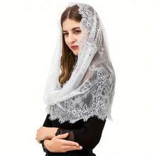 [Carefully Designed]Elegant Retro Style Lace Mantilla Veil For Women - Soft Polyester Blend, Intricate Floral Design, Perfect For Latin Mass, Weddings, And Formal Events, Wedding Accessories | Vintage Lace Veil | Timeless Elegance, Holy Week Shawl - 白色 - 查看 5