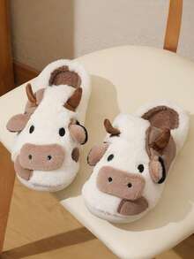1 Pair Unisex Cartoon Cow Flat Slippers, Suitable For Autumn/Winter