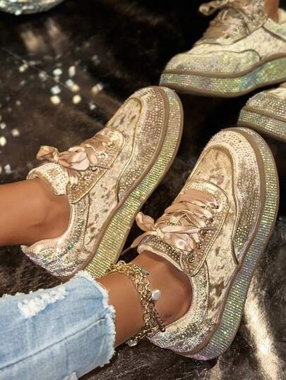 2025 Spring New Women's Rhinestone-Embellished White Sneakers - Sparkling Low-Top Lace-Up Casual Shoes With Synthetic Cover & Rubber Sole, All-Season Versatile Fashion Footwear, Ladies Sneakers, Casual Attire, Footwear, Comfortable Fit, Styleconscious Buyers