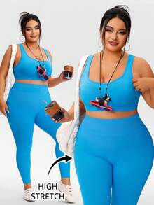 Plus Size Women's Solid Color High Elasticity Comfortable Seamless Sports Set, Camisole Top With Racerback, Leggings, Suitable For Gym, Outdoor Fitness, Yoga