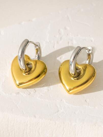 不锈钢防水不褪色复古金银双色心形耳环，适合女士日常佩戴