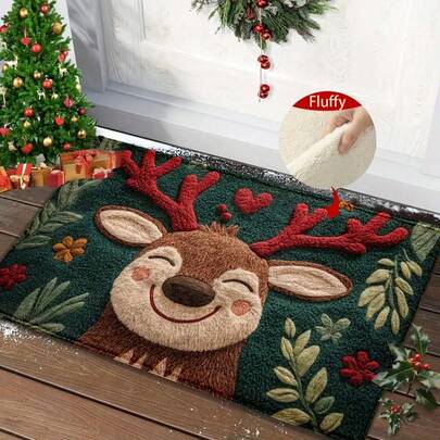 1pc Christmas Fluffy Deer Pattern Design Microfiber Bath Rug, Non-Slip And Super Soft Bathroom Floor Rugs, Doormat, Bathroom Water Absorption Mat, Machine Washable, Low Pile, TPR Backing, Knit Fabric, ForBathroom, Bedroom, Kitchen, Entryway, Indoor & Outdoor Use, Bathroom Accessories & Decor, Perfect New Home Gift, Christmas Decoration, Holiday Party Decoration