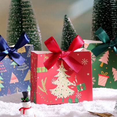 10 pièces [Impression d'arbre de Noël et feuille d'or] Boîte-cadeau élégante avec ruban satin, panier de bonbons de Noël de luxe pour les fêtes, la décoration de table à la maison, les cadeaux de Noël, les décorations de Noël, l'organisateur de boîte de rangement festif Décoration de la maison Décorations de Noël Décoration de la pièce Hiver