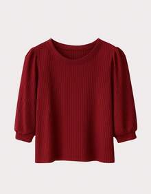 Women's 3/4 Sleeve Casual Blouse With Cotton Touch, Zero Transparency, Elegant Fit, Round Neck - 紅色 - 查看 1