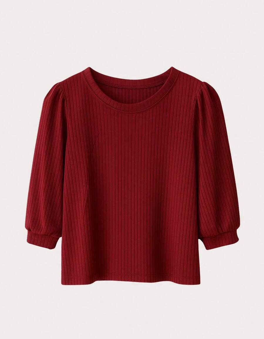 Women's 3/4 Sleeve Casual Blouse With Cotton Touch, Zero Transparency, Elegant Fit, Round Neck - 紅色 - 查看 1