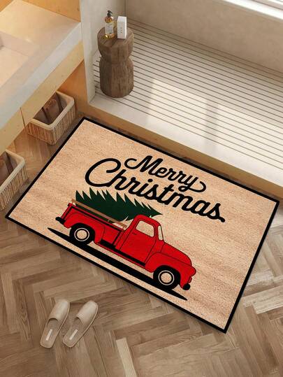 1 Stück Weihnachts-Truck & Weihnachtsbaum Segen Muster Fußmatte, Feiertags-Stil Innen- und Außen rutschfeste Matte, maschinenwaschbarer Polyesterfaser-Teppich für Küche, Esszimmer, Flur, Bad, Schlafzimmer, Außenbereich, Eingang, Heimdekoration, Raumdekoration, Weihnachtsdekorationen für das ganze Jahr