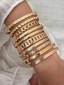 7pcs/9pcs/10pcs/14pcs Fashion Star & Heart Pattern Open Bangle Bracelet Set For Women, Geometric Multi-Element Design, Suitable For Daily Wear, Vacation, And Stylish Gifts