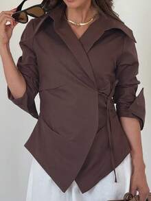 Women's Waist Tie Long Sleeve Unique Solid Color Casual Shirt, Polyester, Spring/Summer - Brown - View 7