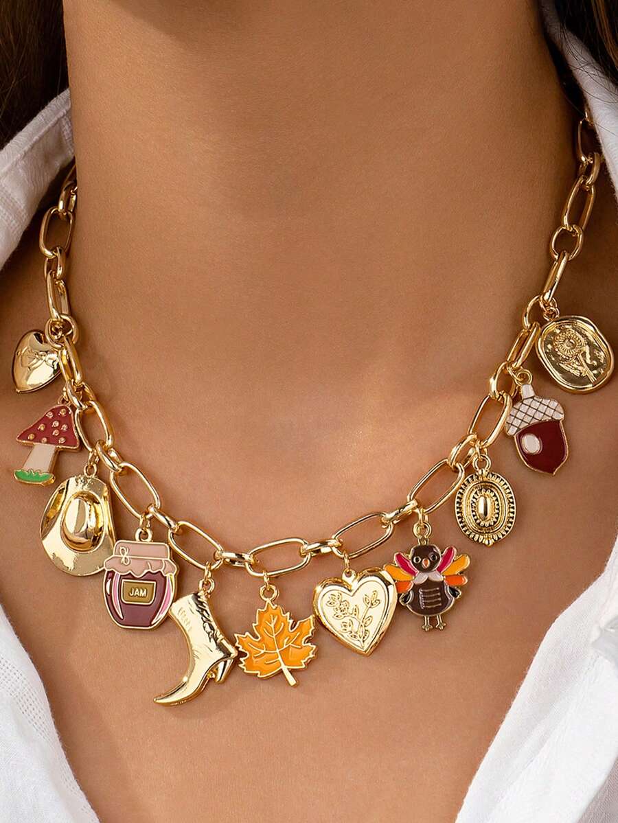 1pc Fashionable & Versatile Thanksgiving Turkey, Heart, Pine Cone, Maple Leaf, Cowboy Boot, Mushroom, Cowboy Hat Pendant Necklace, Suitable For Women's Daily, Date, Vacation, Wedding, Holiday Wear, Casual And Special Occasions