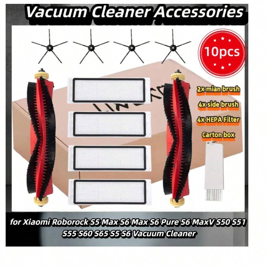 Accessory Kit For Xiaomi Roborock S5 Max S6 Max S6 Pure S6 MaxV S50 S51 S55 S60 S65 S5 S6 Vacuum Cleaner, Replacement Parts For Roborock Main Brush, HEPA Filter, Side Brushes, Wipes