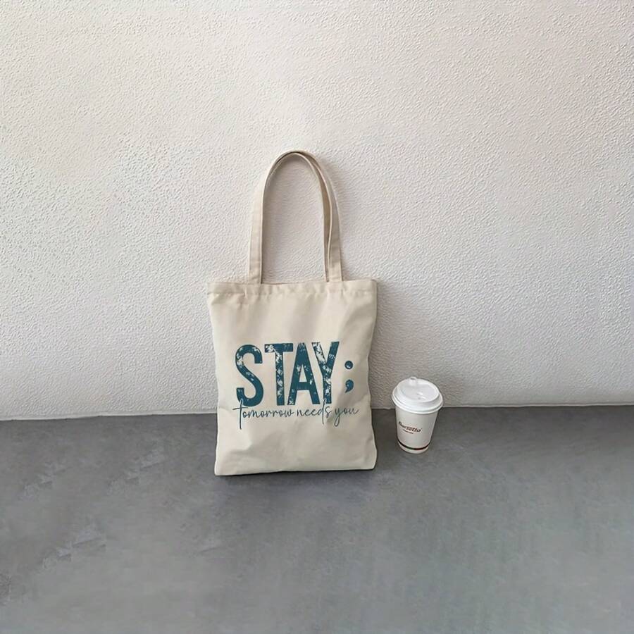 STAY Tomorrow Needs You Inspirational Tote Bag - Bold STAY Lettering In Purple/Red/Beige, Leakproof & Durable Polyester Shoulder Bag, Lightweight Reusable Grocery Bag Women, Everyday Commute, Travel, Shopping - Motivational Mental Awareness