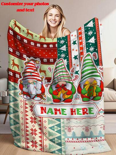1pc Customized Red & Green Striped Christmas Snowflake Blanket, Polyester Material, Soft & Comfortable Personalized Text Blanket, High-Definition Customized Name Blanket, Customized Blanket, Christmas & Birthday Gift, Lightweight, Soft, Comfortable, Suitable For Bed, Sofa, Camping, Travel, All Seasons, Home Decor, Gift, Multiple Sizes Available