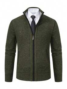 Chaqueta de punto con cremallera y forro térmico para hombre, de manga larga y versátil - Verde militar - Ver 2