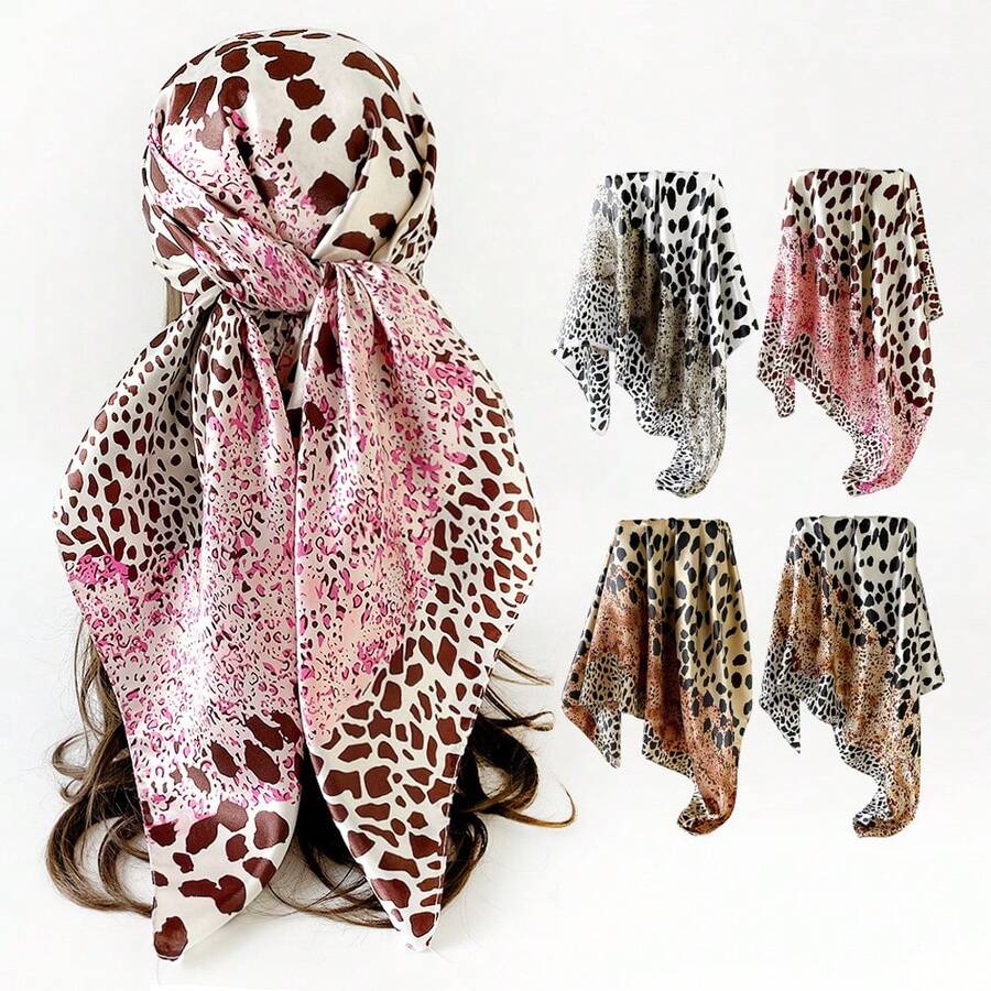 New Leopard Print Silk Scarf Women's Headscarf 90cm Shawl Simulation Silk Satin Square Scarf, Printed Square Scarf, Silk Scarf, Smooth Fabric, Headscarf, Binding Bag, Decorative Silk Scarf And Scarf Suitable For Daily Use - D9447-粉紅色 - 查看 1