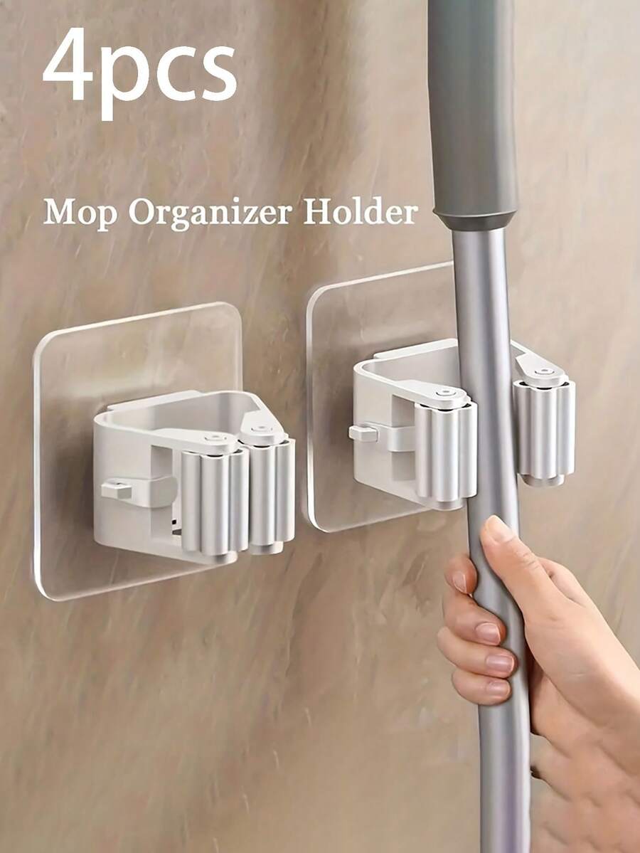8/4pcs Hanging Mop Storage Rack With Locks, Bathroom Drill-Free Mop Clip Hanger Hooks, Plastic Broom Storage Rack, Wall-Mounted Mop And Broom Organizer Clips, Adhesive Mop Storage Rack, Multi-Function Tool Organizer Clips For Bedroom, Garden, Bathroom, Home, Dorm, Space-Saving Storage Holder, Cleaning Accessories, Household Tools - White - View 1