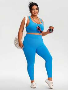 Plus Size Women's Solid Color High Elasticity Comfortable Seamless Sports Set, Camisole Top With Racerback, Leggings, Suitable For Gym, Outdoor Fitness, Yoga