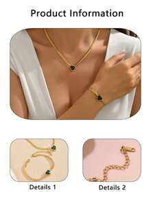 1 Set Vintage Style Emerald Green Heart Pendant Necklace & Bracelet Stainless Steel Jewelry Set For Women, Luxury Heart-Shaped Jewelry, Suitable For Daily Wear, Engagement, Wedding, Valentine's Day Gift, Jewelry Gift - Yellow Gold - View 6