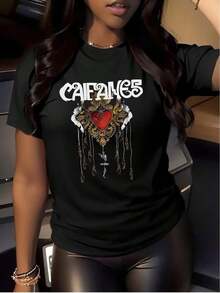 Casual Camiseta Patrón de Impresión con la Primera Palabra en Mayúscula Manga Corta Súper Cómodo Daily Para Mujer - Negro - Ver 13