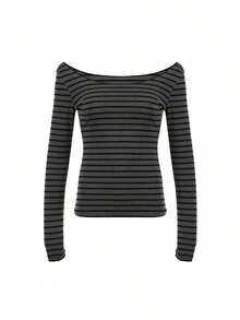 Women Y2k Vintage Off The Shoulder Tees Tops Fairy Grunge Striped Long Sleeve Boat Neck Casual Slim Fit T-Shirt Fall Spring Basic Tops Retro Streetwear Aesthetic Clothes - Màu xám đen - Xem 8