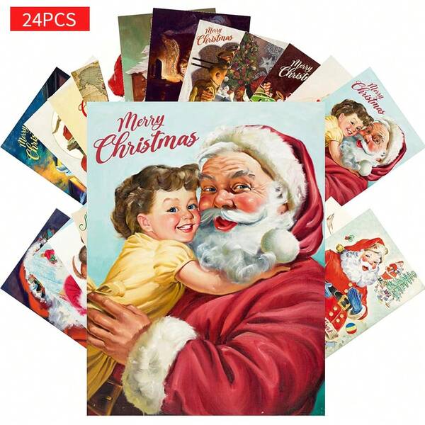 24 张复古圣诞明信片，圣诞老人平安夜来访，复古圣诞明信片贺卡，节日工艺品，圣诞贺卡 - 复古圣诞装饰品