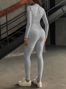 2pcs Women Pink Zipper Long Sleeve Top And Pants Set, Casual Commuter Sportswear Style, New Fashion - Flecking Gray - View 2