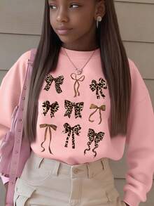 1 Stück Mädchen Y2K süßer Stil Schleifenprint Langarm-Sweatshirt, weich und bequem, tägliche Freizeitkleidung