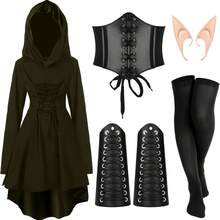 Halloween Women's Renaissance Fairy Costume Set, Medieval Hooded Dress With Accessories, Get Ears As A Gift Black Cape - Renaissance 5-piece Set - View 16
