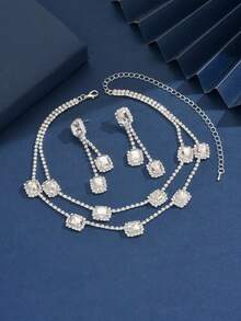 New Arrival Hot Selling Colorful Double-Layer Crystal Necklace & Earrings Set, Bridal Accessories, Party & Evening Fashion Rhinestone Jewelry Set