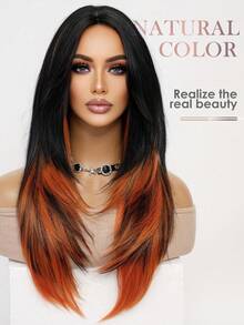 Fashion Black Highlight Orange Long Straight Wig 26 Inch Middle Parted Style Halloween Christmas Wig Realistic Natural Easy Care Heat Resistant Synthetic Fiber Wig Women Daily Wear Party Wig Cosplay Costume Wig Music Festival Performance Versatile Style Suitable For All Races - 挑染棕色 - 查看 4
