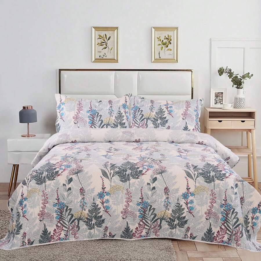 Twin/Full/Queen/King Quilt Set, 3 Piece Floral Bedding Set Microfiber Bedspread Coverlets For Beds - Bunga Biru - View 1