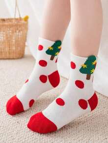 5 Pares de Meias de Natal para Crianças, Meias de Meio Cano com Estampa de Árvore de Natal Cartoon e Papai Noel Listrado, Adequadas para Natal e Festas