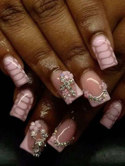 24pcs Short Square 3d Flower Nails, Stars, Crosses With Rhinestones Decoration Design French Acrylic Press On Nails Short Perfect Fit False Nails Kit,Including: 1pc Jelly Gel And 1pc Nail File. Easy To Wear Summer Nails & French Tip Nails Art For Woman Girl Daily Work Wear Rave Party Use