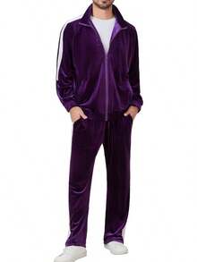 2025 Best Mens Tracksuit 2 Piece Velour Sweatsuit Men Casual Full Zip Jogging Suit Pants Set - 紫色 - 查看 8