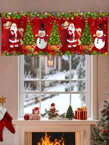 1 pieza Cenefa navideña con bolsillo para barra con diseño de Papá Noel, muñeco de nieve y árbol de Navidad, de poliéster, para decoración de ventanas en sala de estar, cocina y dormitorio, decoraciones festivas de invierno y Navidad para el hogar, 2025 Año Nuevo brillante 2026 Decoración de pared y hogar