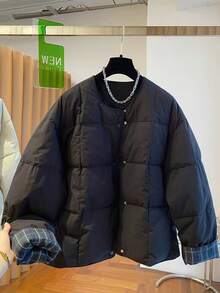 时尚黑色无领女士羽绒服，宽松休闲百搭圆领羽绒服，2025新款，冬季款 - 黑色 - 查看 7