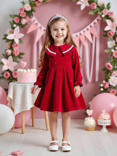 Girls' Autumn/Winter Confetti Print Ruffle Collar & Ruffle Sleeve Dress, Red Color Suitable For Holidays And Matching With Sisters. Suitable For Christmas, Very Suitable For Casual And Daily Wear In Autumn/Winter As Well As School Wear