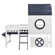 Litera, cama semialta, cama infantil con techo y ventana, cajón inferior con ruedas, práctica escalera de dos niveles, pino + MDF + aglomerado, blanco + azul oscuro, 90x200cm