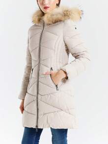 One Piece  Plain    Casual    Woven Fabric    Zipper  Pocket  Quilted  Contrast Faux Fur    Padded Coat Padded Parka Witter Jack  Daily  Travel  Vacation  Office  Dating  Airport  Brunch    Fall Winter - Beige - View 3