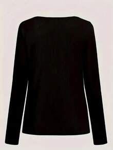 大码女式优雅V领长袖T恤，饰有金属十字链，时尚纯色休闲上衣，黑色，春季款 - 黑色 - 查看 2