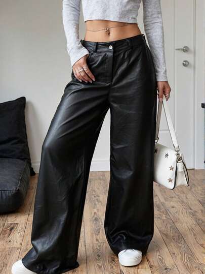 Roupa Casual Feminina de Couro PU Sólido com Bolso, Botão e Zíper, Outono/Inverno, Plus Size