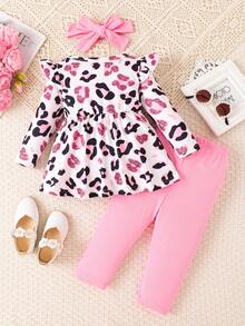 Baby Girls' Fashionable Casual Cute Leopard Print Bow Decor Round Neck Flare Sleeve Long Sleeve Top And Pink Pants With Headband Set, Spring/Autumn - Multicolor - View 2