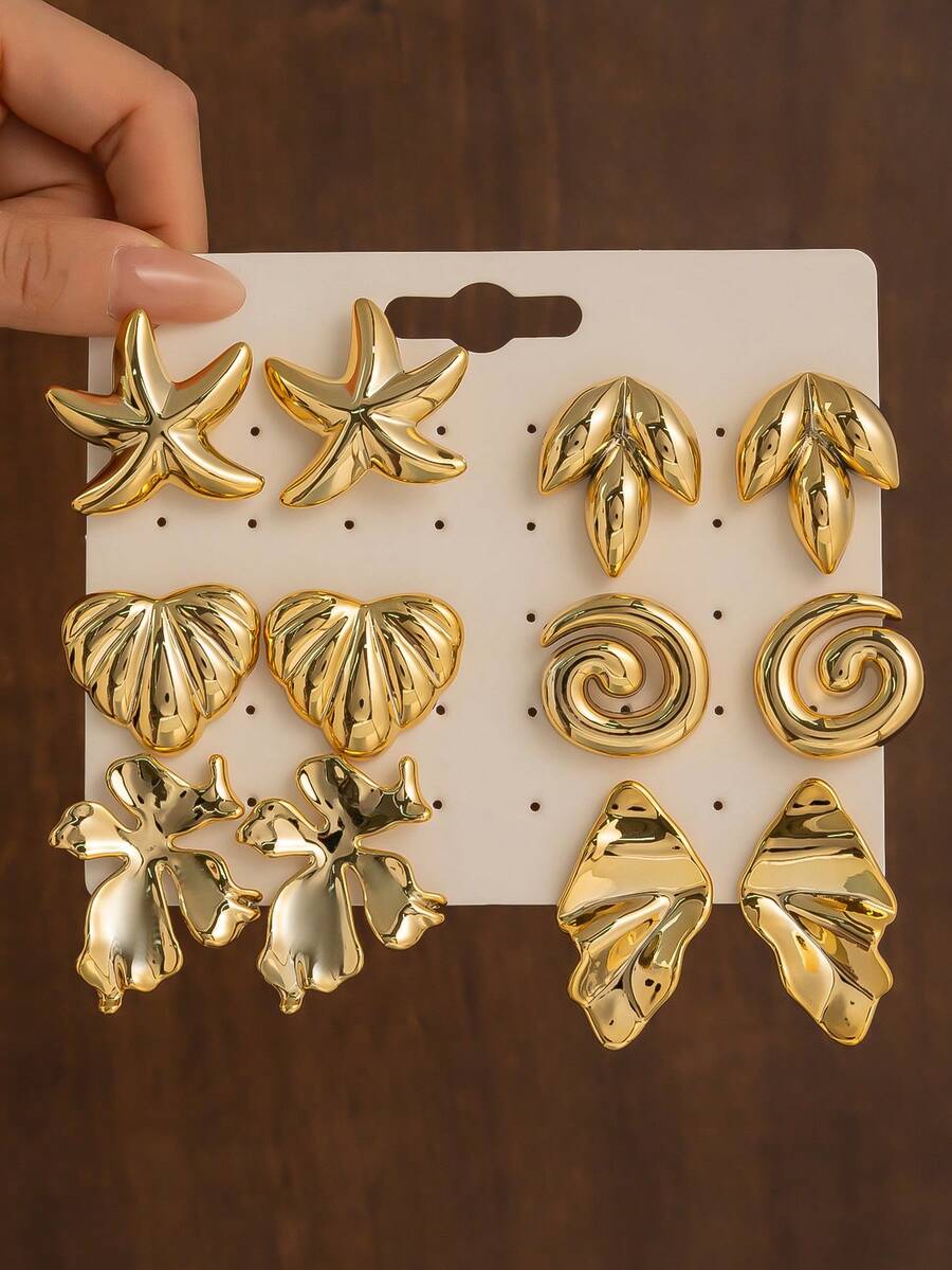 2-12pcs/Set Geometric Creative Shaped Earring Set, Asymmetrical Stud Earrings, Exaggerated Earrings