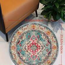1pc Bohemian Style Vintage Round Rug, Velvet Material, Entryway Carpet, Oriental Floral Print Carpet, Machine Washable, Bedroom Floor Mat, Short Plush Indoor Mat, Foldable, Non-Shedding, Home Decor - Multicolor - View 2