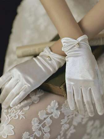 1 Pc Women's Wedding Glove Short Pearl Tulle Gloves Tea Party Evening Dance Party Gloves Dress Accessories Fall Clothes For Women