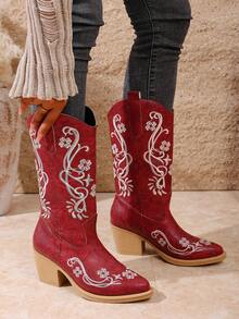 Damen Stickerei Knöchel Stiefel & Overknee Stiefel, Schlüpfen, modischer Plateau Absatz Spitzschuh, bequeme Lederstiefel für Herbst/Winter