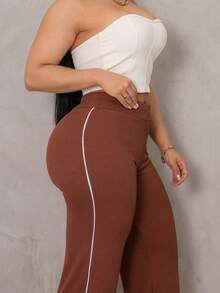 Women's Ribbed Pants With Side Detail, White Cotton And Elastane, Comfortable Casual, Women's Fashion - 鏽棕色 - 查看 4