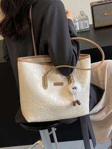 大容量女士时尚多功能单肩包，新款帆布手提包，时尚设计，适合上学、通勤和购物（不含吊坠） - 卡其色 - 查看 6
